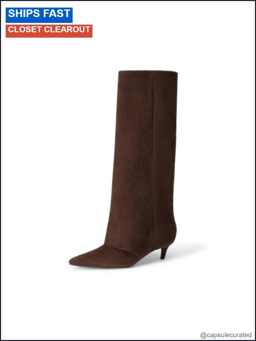 Women's Knee High Fold Over Boots Faux Suede Kitten Heel